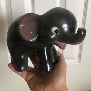Ceramic Elephant Black Vintage Anthropomorphic Kitsch Purple Ears Nursery Figure